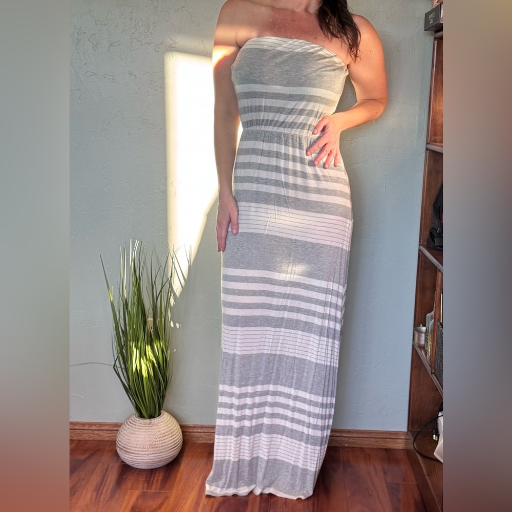 Lime N Chili Striped Gray & White Strapless Maxi Dress